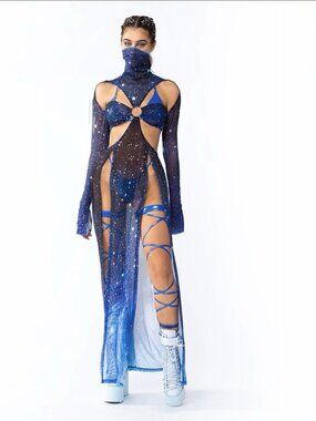 BADINKA 9pc Galaxy Set: Mesh Maxi Dress (M) + 2 Metallic Bikinis (S & M) + Leg W